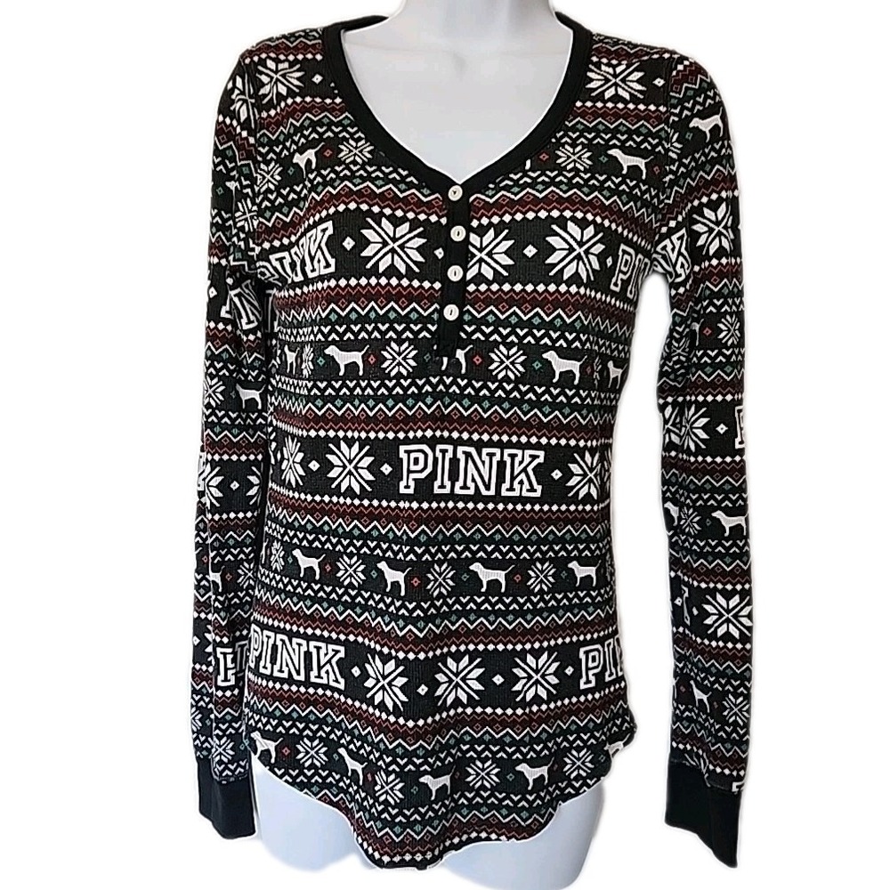 Victorias Secret I Only Sleep In PINK PajamaTop Thermal Black Snowflake Womens M